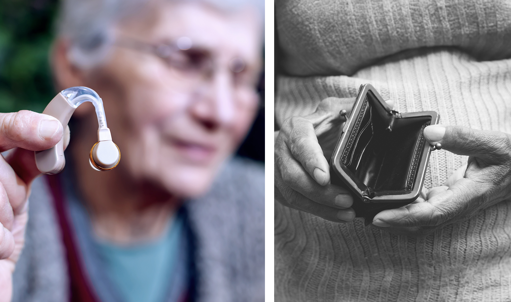 Senior holding a bulky hearing aid next to an empty coin purse